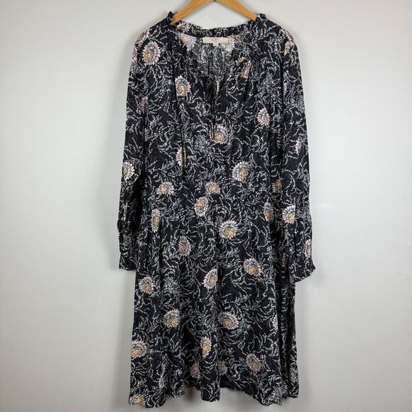 Loft Plus Floral Dress Womens 18 Black Multi Tie Neck Elastic Waist Cottage Boho - Picture 1 of 7